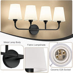 Kvhilw Bathroom Vanity Light, Matte Black Bathroom Light Fixtures, 4-Light Lighting Fixtures Over Miror, Modern Wall Sconce with Flared White Fabric Shade, E26 Socket(ETL Listed)