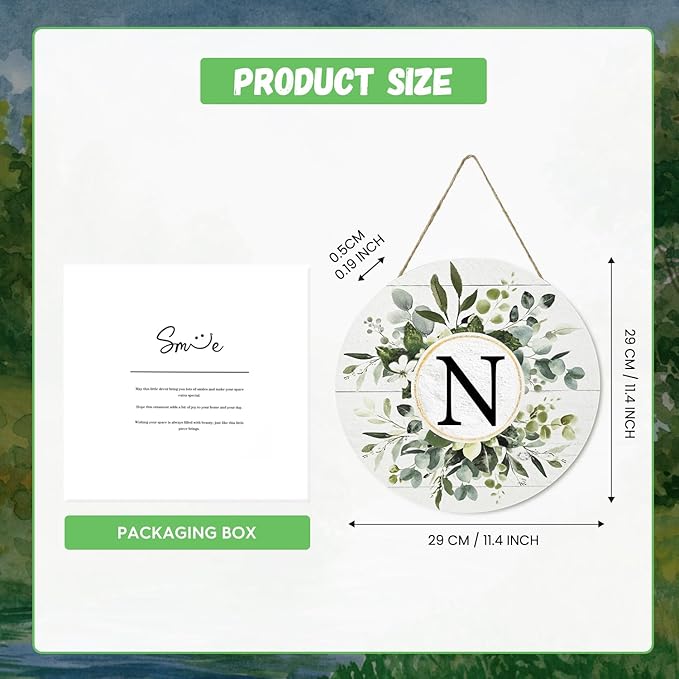 Smile Monogram Letter N Wreaths Wooden Welcome Sign, Family Last Name Initial Front Door Wall Decoration, Floral Spring Summer Porch Rustic Home Kitchen Decor