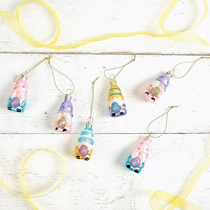 Lillian Vernon Gnome Blown Glass Easter Ornaments - Handcrafted Hanging Tree Decorations, Easter Gnome Holiday & Party Decor, Mini, Assorted, 12-Piece Set