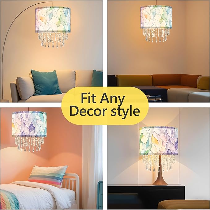 Colorful Macaron Lamp Shade with Acrylic Bead Droplets, Elegent Whimsical Fabric Light Shade for Pendant Table & Floor Lamp, Art Decor for Bedroom or Eentryway, 11.8in