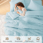 MUXHOMO 5 Pieces Twin Comforter Set, Seersucker Bed in a Bag Twin Size, All Season Luxury Bedding Set with Comforter, Flat Sheet, Fitted Sheet, Pillowcase & Sham, Lake Blue