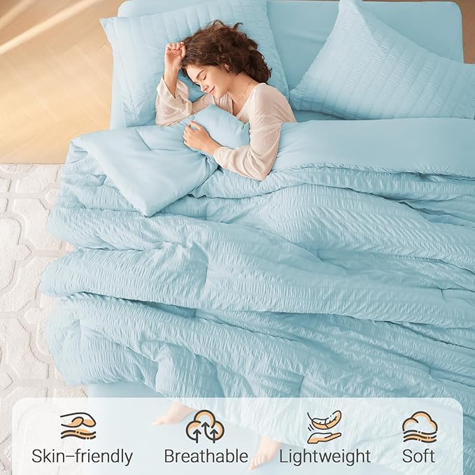 MUXHOMO 5 Pieces Twin Comforter Set, Seersucker Bed in a Bag Twin Size, All Season Luxury Bedding Set with Comforter, Flat Sheet, Fitted Sheet, Pillowcase & Sham, Lake Blue