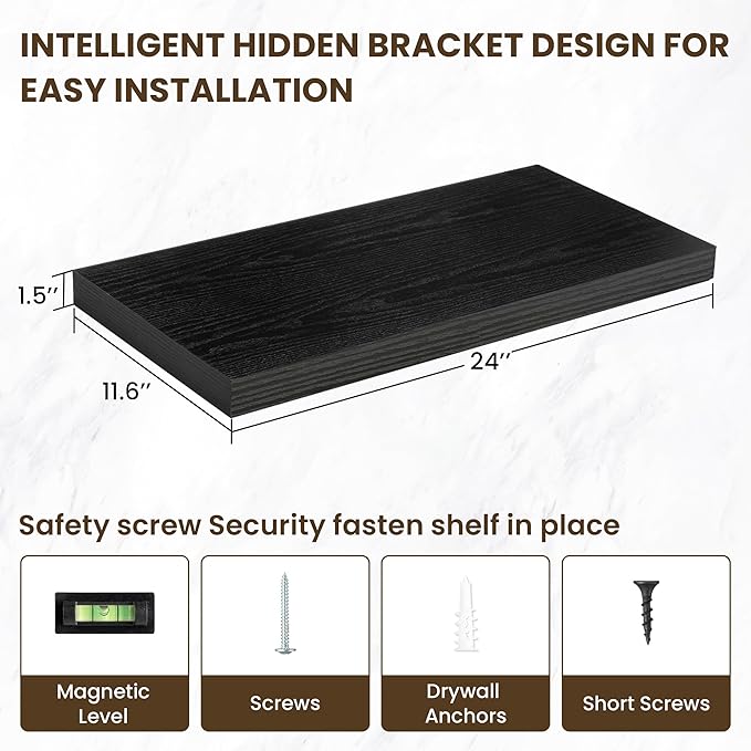 12 Inch Deep Floating Shelves, 24 Inch Long Floating Shelves for Wall, Floating Shelf with Invisible Brackets, Deep Shelves for Bathroom, Bedroom, Living Room, 2 Pack, Black