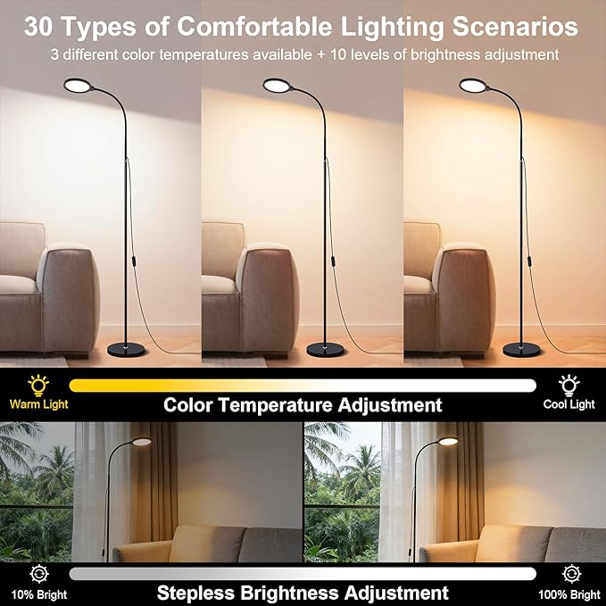 Modern Black Bright Eye Protection Floor Lamp, 62.6“ Adjustable Gooseneck Standing Lamp with Dimmer & Color Temperature, Tall LED Corner Lamp for Living Room, Bedroom Office Reading, Tattoo Light
