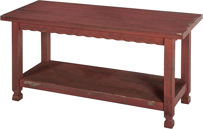 Country Cottage Rustic Farmhouse Bench – 36” Solid Wood Entryway Seat with Storage Shelf for Hallway, Mudroom, or Living Room Accent by Alaterre Furniture (Distressed Antique Red Finish)