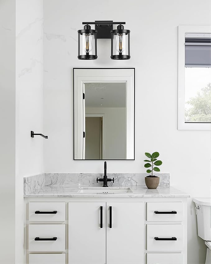 2-Light Black Bathroom Light Fixtures, 13.8 Inch Modern Bathroom Vanity Lighting Fixtures Over Mirror with Clear Glass and Metal Cage Wall Sconce Lights for Bath, E26, OS-3014BK-2W