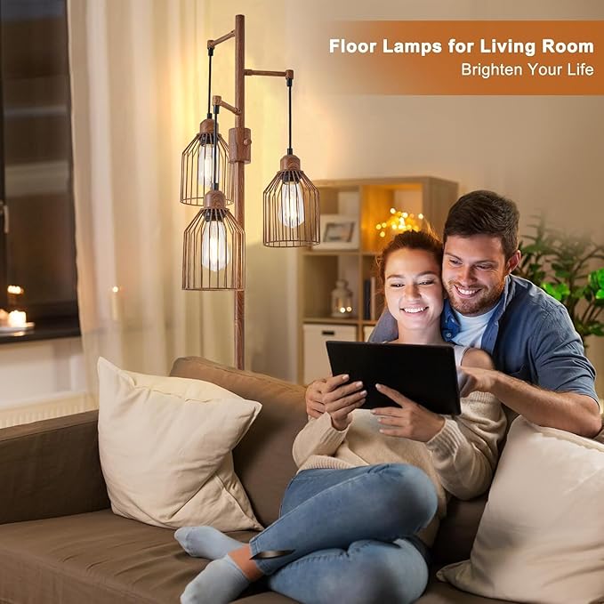 Dimmable Floor Lamp for Living Room, Farmhouse Floor Lamps with Elegant Hanging Cage, 3 x LED Edison Bulbs Included, 68.5" Industrial Standing Light for Bedroom Office Home Decor (Wood)
