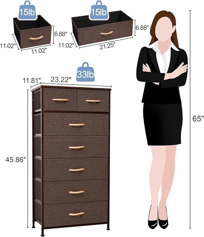 Crestlive Products Vertical Dresser Storage Tower - Sturdy Steel Frame, Wood Top, Easy Pull Fabric Bins, Wood Handles - Organizer Unit for Bedroom, Entryway, Closets - 7 Drawers (Brown)
