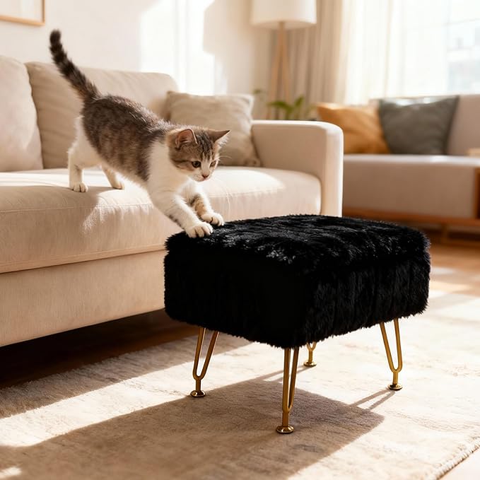 ACEQLYT® Small Foot Stool Ottoman with Storage, Foot Rest for Couch and Chair, Black Faux Fur Storage Ottoman with Gold Metal Legs and Padded Seat