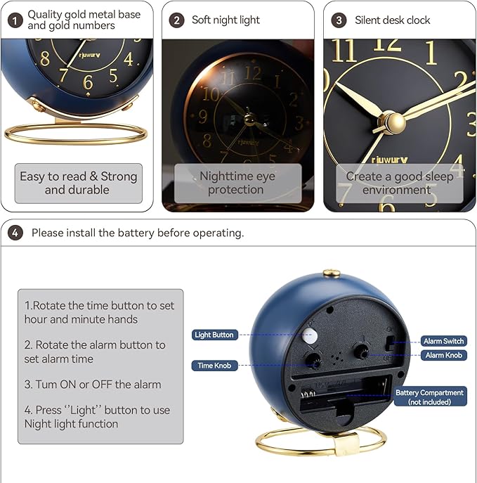 Metal Desk Alarm Clock, Retro Bedroom Table Vintage Analog Silent Non-Ticking Gold Alarm Clock, Bedside Decor(Navy Blue)