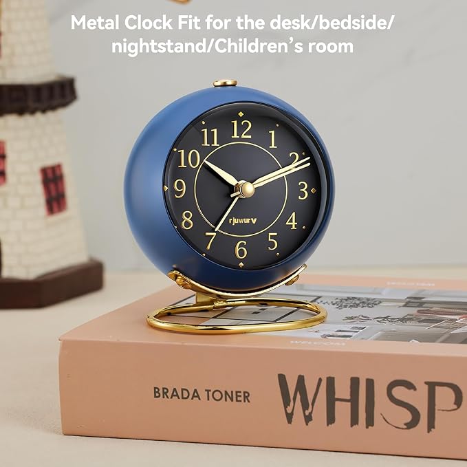 Metal Desk Alarm Clock, Retro Bedroom Table Vintage Analog Silent Non-Ticking Gold Alarm Clock, Bedside Decor(Navy Blue)