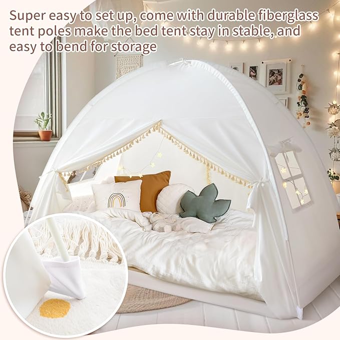 Razee Twin Bed Tent for Kids, Twin Size Bed Canopy Tent Indoor Dream Princess Tent Privacy Tent on Bed Sleep for Girls and Boys, Bohemian Tassel, White