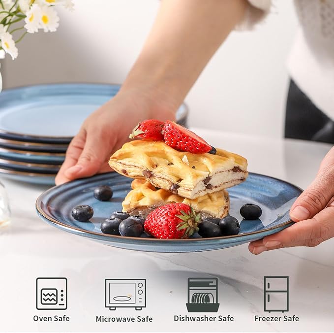 HASENSE Salad Dessert Plates, 8 Inch Ceramic Dinner Plate Set of 6, Small Round Serving Dishes for Appetizer, Fruit, Cake, Snack, Blue Reactive Glaze Kitchen Gift, Microwave Dishwasher Safe