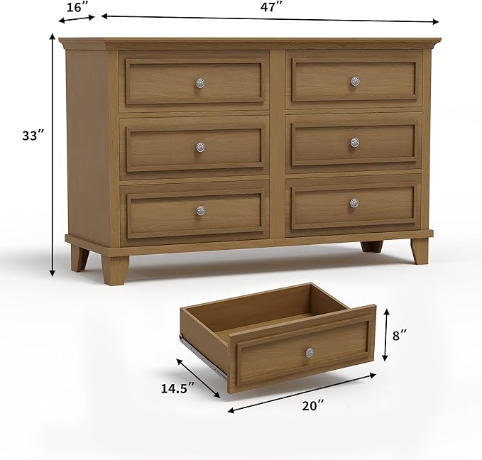 GarveeHome Farmhouse Brown Dresser for Bedroom with 6 Drawer, Double Dresser TV Stand with Vintage Handle, Wide Wood Dressers & Chests of Drawers, 6 Drawer Dressers for Bedroom, Living Room, Hallway
