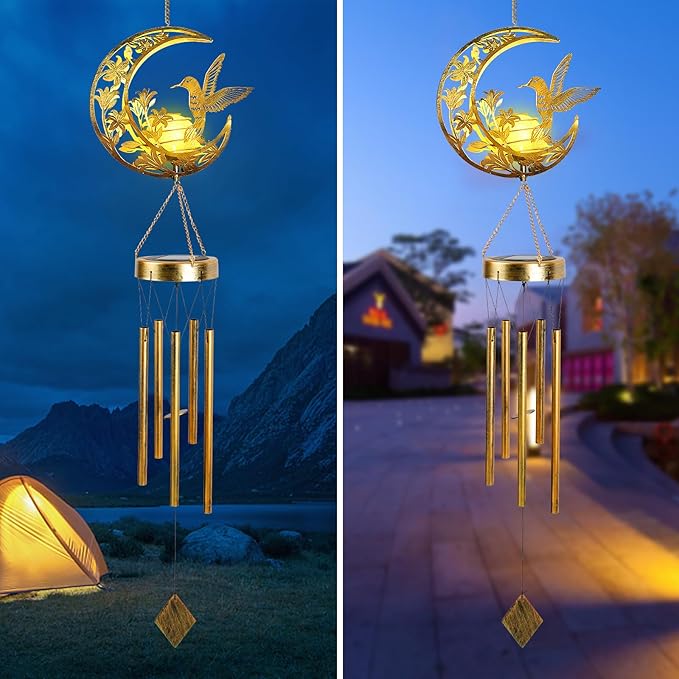 JOBOSI Moon Hummingbird Wind Chimes Decor Gifts, Solar Hummingbird Wind Chimes for Outside, Mother's Day Wind Chime Gift, Gifts for Mom, Women, Grandma, Outdoor Garden Lawn Yard Decor