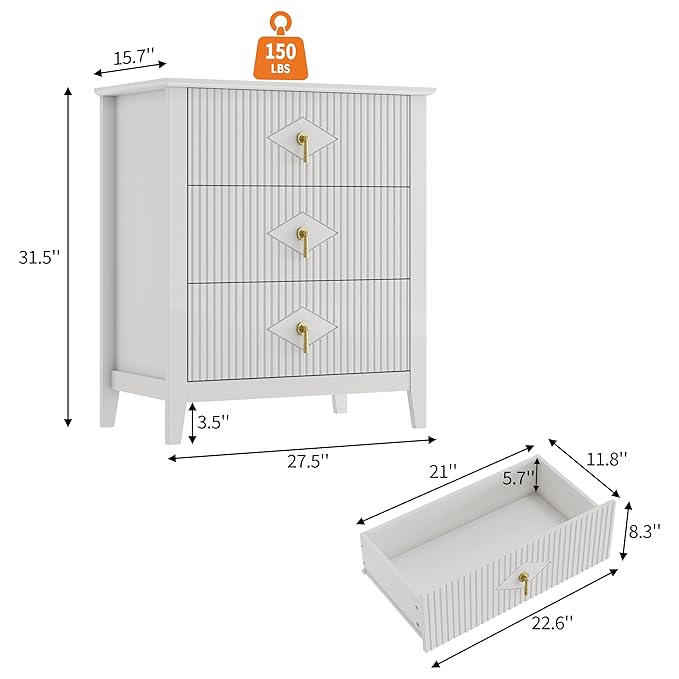 GarveeHome Wood Nightstand Fluted Dresser for Bedroom, 27.5" Wide 3-Drawer Bedside Tables, Modern Chest of Drawers, Storage End Table Living Room, Hallway, Entryway, White
