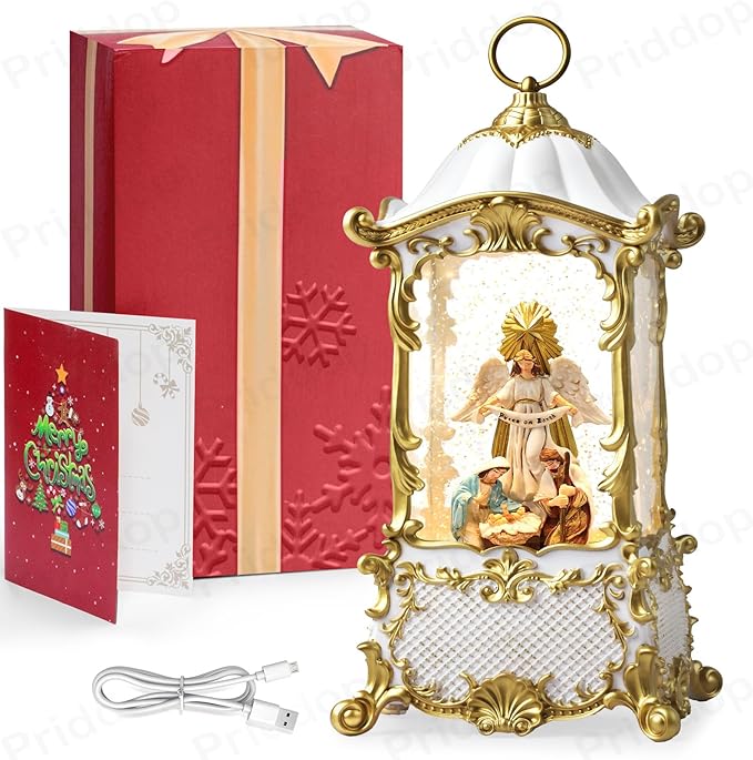 Nativity Snow Globe Christmas Decorations Indoor Angel Nativity Scene Gifts Classic Relief Texture Musical Glitter Snowfall USB/Battery Timer Lantern 12.5 inch