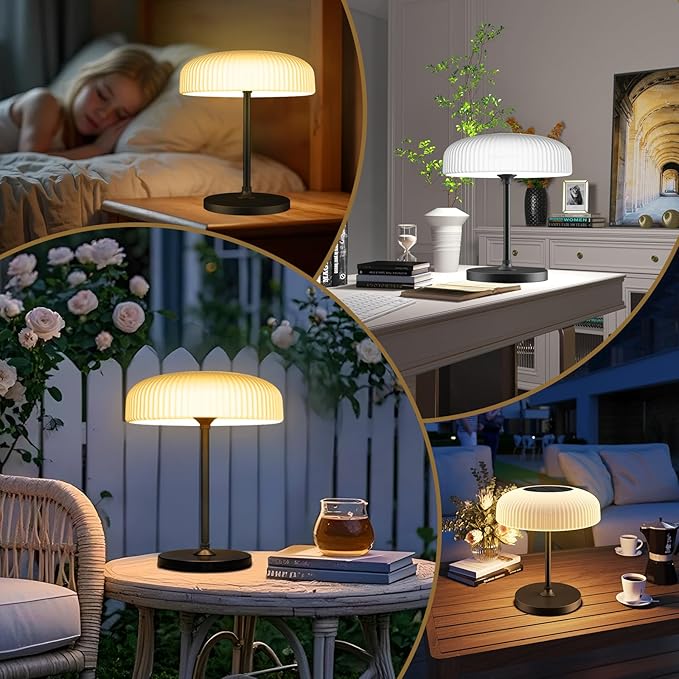 LED Solar Table Lamp, IP65 Waterproof, Touch Control, 3 Modes, USB-C Charging, White Dome Shade with Black Base, Indoor Outdoor Use (White)