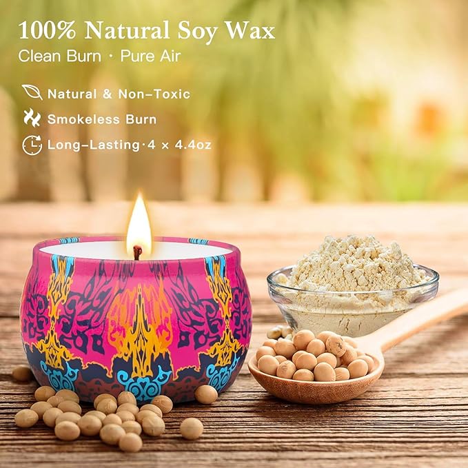 Scented Candle Gift Set - 4 Pack Long Lasting Classic Bohemian Scented Soy Wax Candles with Fig, Lemon, Spring & Lavender Scents, Aromatherapy Candles for Valentine's Day Gifts & Spring Home Décor