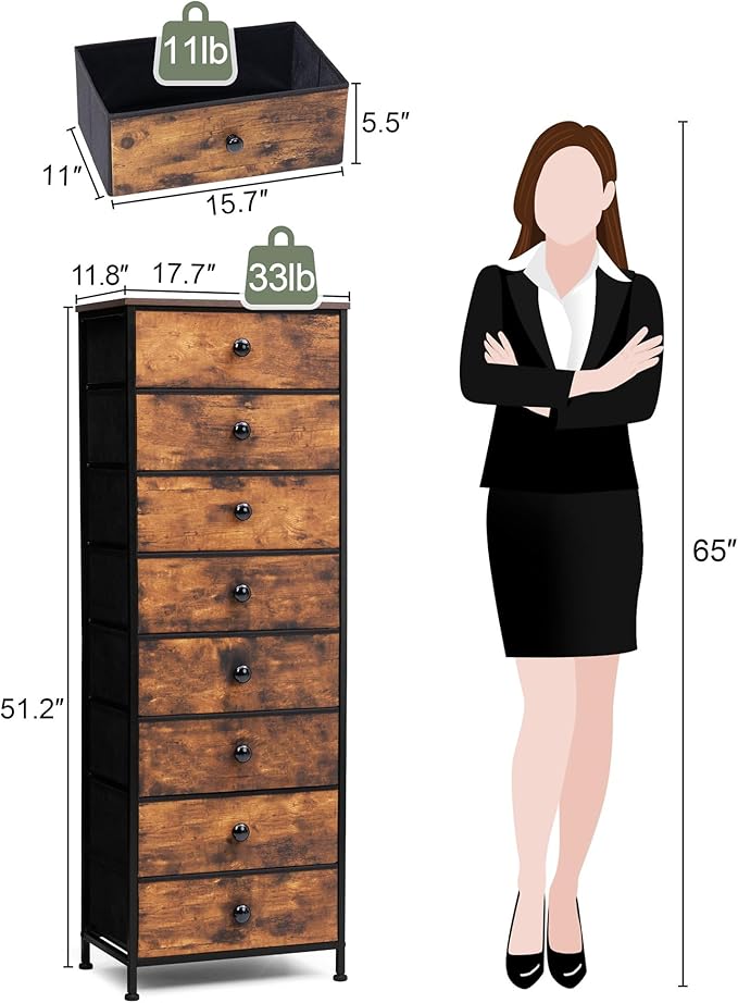 Crestlive Products Tall Dresser, 8-Drawer Fabirc Storage Tower, Chests of Drawers - Vertical Organizer Unit with Handles for Bedroom, Hallway, Entryway, Nursery, Wood Top, Closets (Rustic Brown)
