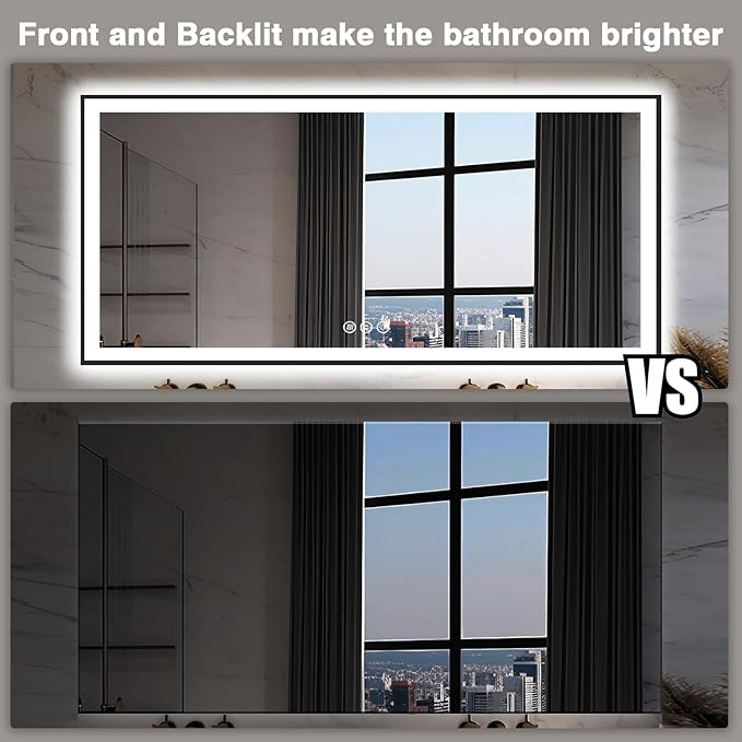 Large 84x40 Light Up Bathroom Mirror -Black Aluminum Edge (Front and Backlit), Anti-Fog Vanity Mirror with Lights,Stepless 3 Colors Dimmable Lighted Mirror(Horizontal/Vertical)