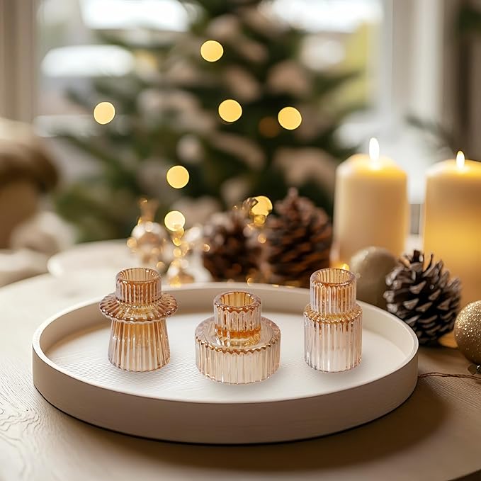 Double Sided Vintage Ribbed Taper Glass Candle Holders,Tea Candle Holder for Table Centerpieces, Wedding Decorations and Dinner Parties (Gold, 3 PCS)