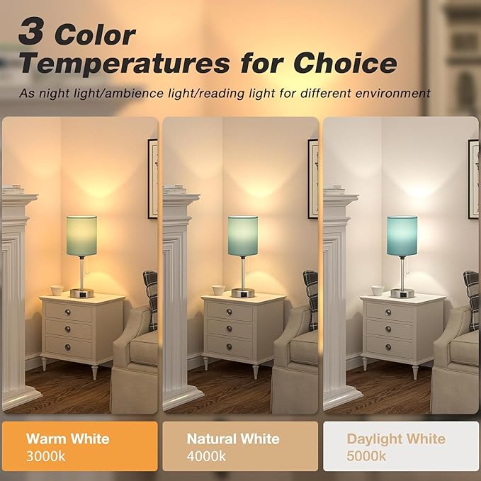 Dicoool Teal Bedside Lamp for Nightstand - 3 Color Temperature Table Lamp with USB C and A Ports, Pull Chain Lamp for Bedroom with AC Outlet, Coastal Desk Lamp with Silver Metal Base for Kids Girls