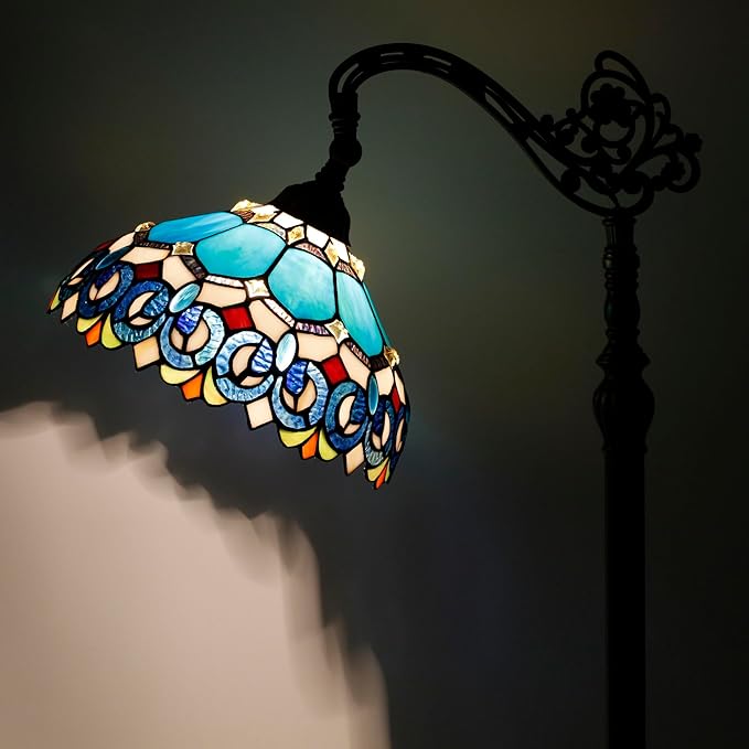 Tiffany Floor Lamp Stained Glass Lamp 18.88X12X67 Inch Angle Adjustable Arched Gooseneck Antique Reading Light (Blue Jewelry Baroque)