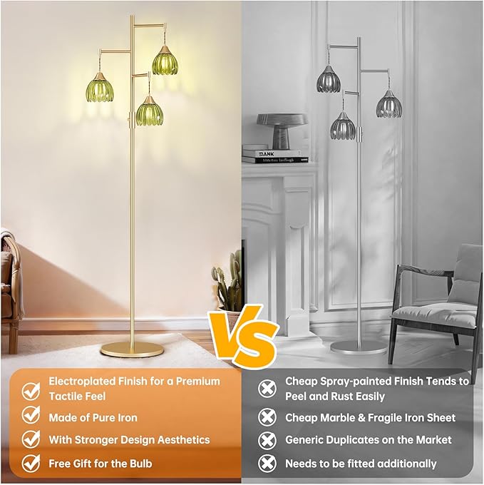 Dimmable Floor Lamp for Living Room, Bedroom, Gold Standing Lamp with 3pcs 6W Bulbs, Vintage Brass Floor Lamps for Corner, Nursery (Green Tulip)