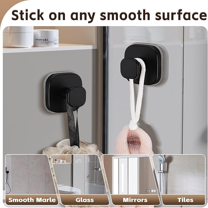 Heavy Duty Reusable Suction Cup Hooks for Kitchen/Bathroom/Shower - Wet-Proof Hooks for Towels, Robes, Loofah&Wreaths/No Drill Mounting on Glass, Tile, Metal (2, Matte Black)