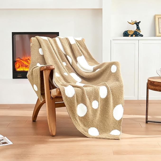 CozeCube Super Soft Fullfy Microfiber Reversible Knitted Blankets, Warm Cozy Fuzzy Plush Throw, Beige and White Polka Dot Throw Blanket for Couch Bed Sofa, 50" x 60"