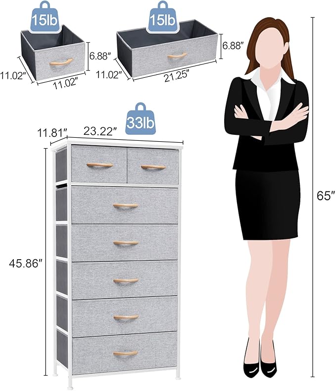 Crestlive Products Vertical Dresser Storage Tower - Sturdy Steel Frame, Wood Top, Easy Pull Fabric Bins, Wood Handles - Organizer Unit for Bedroom, Hallway, Entryway, Closets - 7 Drawers (Light Gray)
