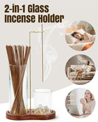 2-in-1 Walnut Wood Glass Incense Holder for Sticks, Anti-Ash Flying Incense Burner with Glass Ash Catcher & Incense Storage, Incense Stick Holder for Meditation, Yoga, Spa, and Home Decor