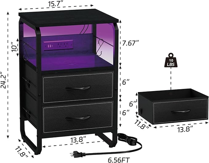 Nightstand with Light, LED End Table with Drawers and Charging Station Type C Port, Small Bedside Table with Hooks, Storage Dresser Side Table for Living Room, Bedroom, Dorm, Black
