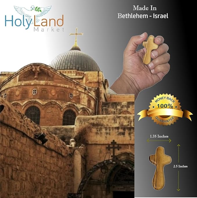 Holy Land Market 5 Olive Wood Crosses From the Holy Land - 2.5 Inch Pocket Palm Crucifix | Handmade Jerusalem, Bethlehem Israel - Gifts by Christians with Certificates -Holy Land Olive Wood Cross x5