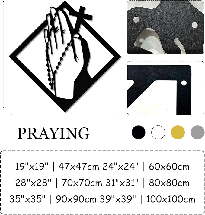 SZI Praying Hands Wall Art Metal, Metal Crosses Wall Decor, Prayer Hands Decor, Serenity Prayer Wall Art for Living Room, Bedroom (19"x19"/47x47cm, White)