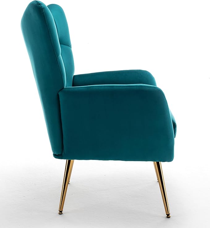 Modern Chic Mid-Century Velvet Accent Armchair for Living Room, Bedroom, or Home Office, Button-Tufted Wingback Design with Gold Flared Legs, Dark Teal