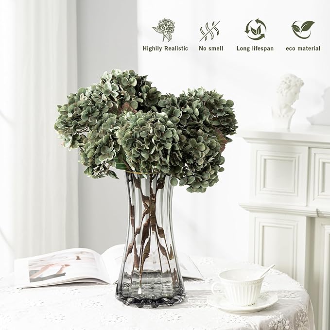 Hydrangea Artificial Flowers,Green Artificial Flower Fake Silk Hydrangea, Heads Bouquet with Stems Bulk for Fall Decoration Table Center Indoor Outdoor Faux Floral Plants 8pcs (Green)