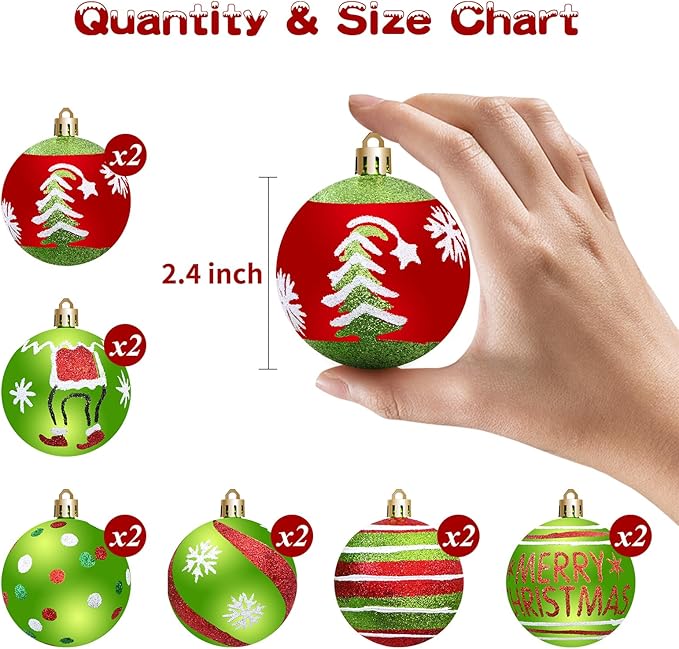 Christmas Tree Decorations Ornaments Set, 2.4 Inch 12PCS Christmas Balls Decor Grinchs Style, Glittering Shatterproof Hanging Bulbs Xmas Decorations for Indoor Home Office (Red Green)