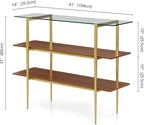 Glass Console Table for Living Room, Foyer & Entrance, H41 x W14 x H31inch, 3-Tier Mid-Century Modern Sofa Table with Clear Glass Top, Walnut Finish Wood Shelf and Gold Finish Frame