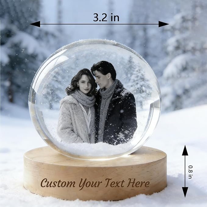 QYH Personalized 3D Crystal Photo Snow Globe, 3D Engraved Memory Sphere with Wooden Base, LED Night Light, Custom Gifts for Pets, Couples, Babies, Parents, Anniversary, Christmas, Birthday