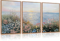 CHDITB Seaside Floral Framed Canvas Wall Art Set, Nature Inspired Ocean View Wall Decor, Sunrise Art Spiritual Wall Painting, Coastal Wildflowers Art Prints for Living Room, Office-Size 16"x24"x3