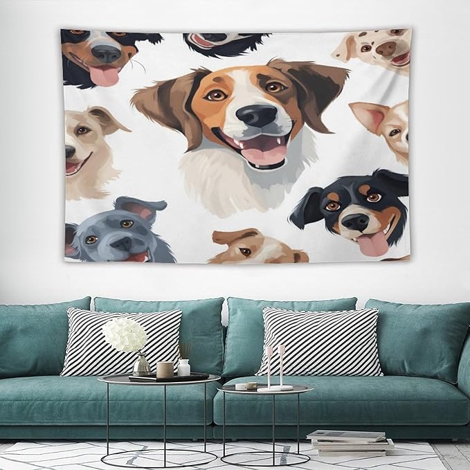 VUMIVI Cartoon Dog Tapestry Black & White Pet Dog Heads Cute Illustration Modern Creative Design Tapestry Wall Hanging for Living Room Bedroom Dorm Classroom Aesthetic Decor W60xL40in
