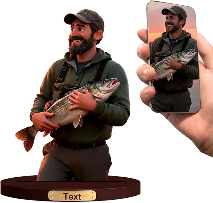 Personalized 3D Cartoon Photo Fishing Figurine Desktop Ornament Home Office Bedside Table Decoration From Your Photos To Office Desk Frames Gift‘S For Fathers And Fishing Enthusiasts (Fishing cartoon)