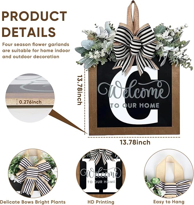 Ultra Large 14'' Last Name All Year Round Front Door Wreath with 26 Initial Letter Welcome Sign All Seasons Eucalyptus Garland and Bow Wreaths for Front Door Porch Farmhouse Decoration (C)