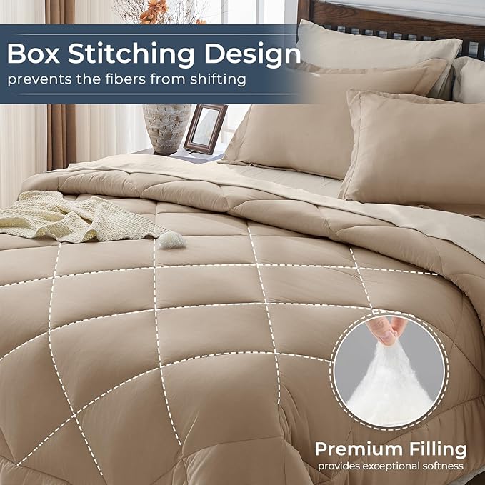 HEVUMYI Khaki & Linen California King Comforter Set - 7-Piece All Season Bed in a Bag Cal King, Ultra Soft Bedding Set with Comforter, Flat Sheet, Fitted Sheet, Pillowcases, Pillow Shams