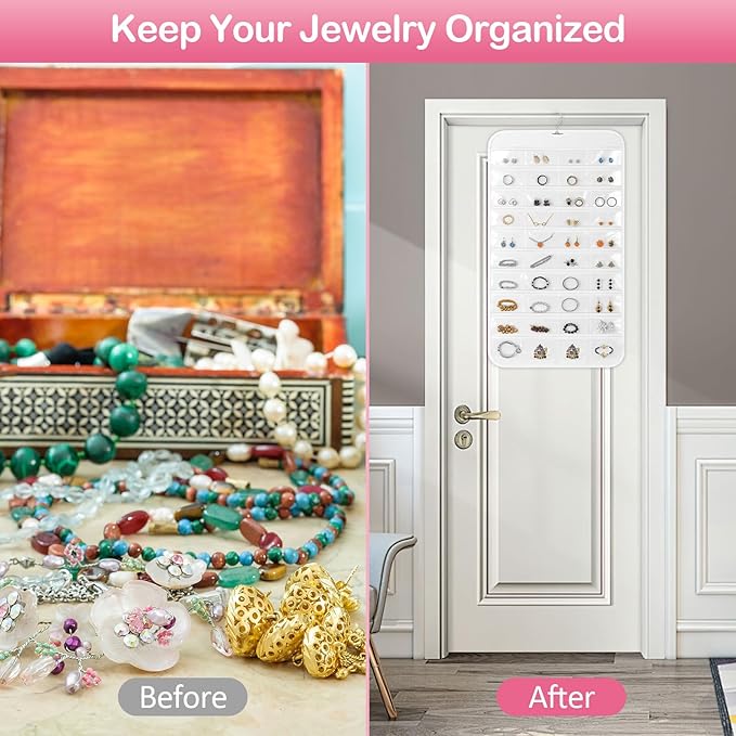 Hanging Jewelry Organizer for Closet with Swiveling Hanger, 17 x 30 In, 80 Clear Pockets Jewelry Organizer Hanging for Jewelries, Earrings, Accessories (Beige) (3, White)
