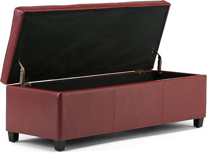 SIMPLIHOME Avalon Storage Ottoman Bench - 48 inch Wide Upholstered Vegan Leather Rectangular Lift-Top Ottoman in Red, Contemporary Storage Bench for Living Room with High-Density Foam