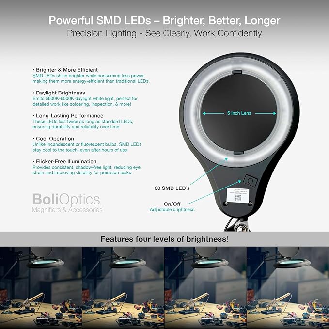 ESD Safe (Glass Lens) Professional LED Magnifying Lamp with Clamp (5 Diopter, 2.25X) Work Light, 4 Brightness Levels, Daylight Bright, 1200 Lumens, 5600K-6000K, Matte Black, BoliOptics MG16303222