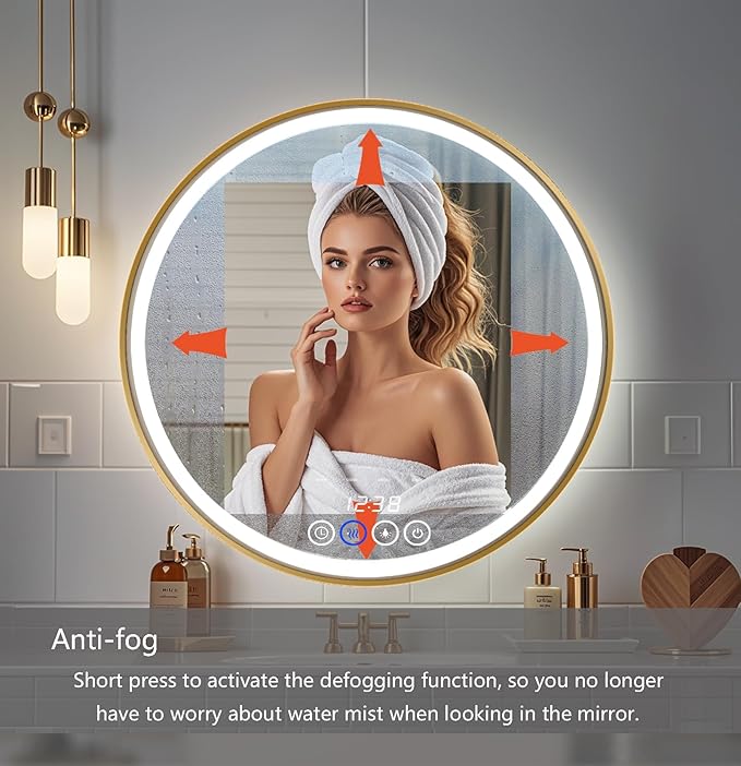 28 Inch Wall-Mounted Round Bathroom Mirror with LED-Lights - Frame Vanity Mirrors (28" x 28", Gold)
